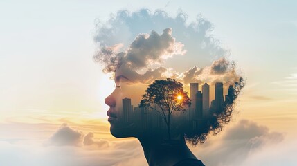 A double exposure combines the face of a man and the high-rise buildings of a large city at sunset. Panoramic view. Illustration for cover, card, interior design, poster, brochure or presentation.