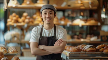 Selbstklebende Fototapeten Happy Korean man baker standing proud in her bakery © Vahram
