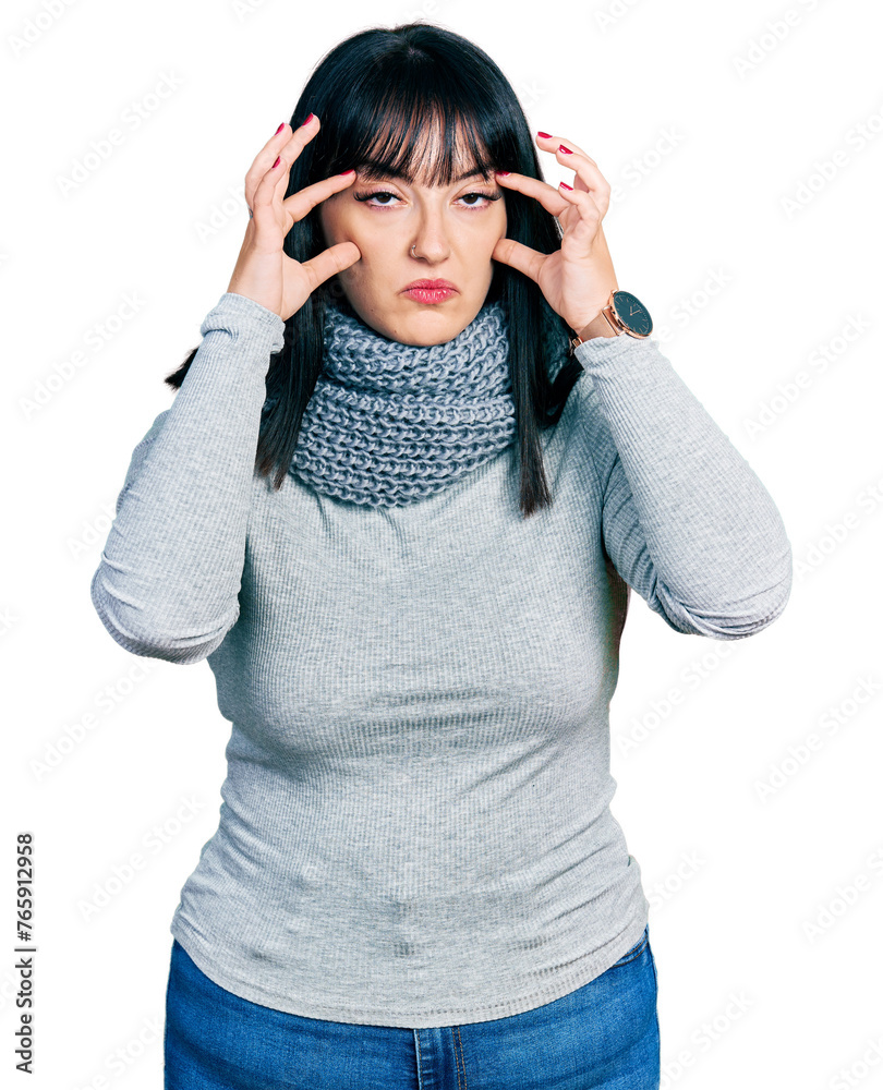 Poster Young hispanic plus size woman wearing winter scarf trying to open eyes with fingers, sleepy and tired for morning fatigue