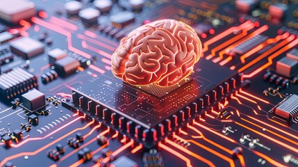 Electronic circuit board or scheme close up. The concept of artificial intelligence. An abstract button designed as a glowing brain. Turn on your mind energy. Technologies of the future. Illustration.