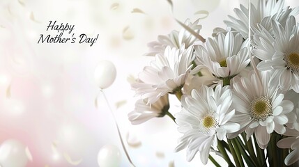 White bouquet of daisies with balloon art, and text large fonts Happy Mother's Day