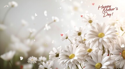 White bouquet of daisies with balloon art, and text large fonts Happy Mother's Day! 