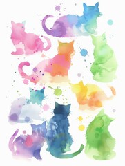 A vibrant watercolor painting featuring a variety of cats in different colors and poses