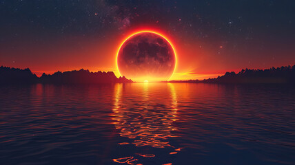 Captivating Texas desert eclipse: Moon veiling the sun, serene lake, celestial harmony.generative ai