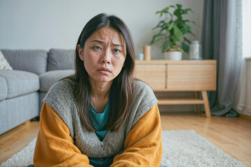 Emotion Asian woman with long hair sitting on the sofa in the living room. She looks down and is sad, problems in her personal life