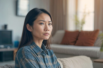 Asian woman with long hair sitting on the sofa in the living room. She looks down and is sad, problems in her personal life - obrazy, fototapety, plakaty