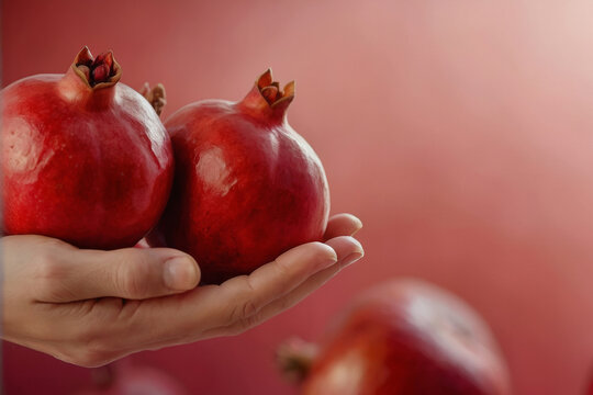 Hand holding two red pomegranates on a red background