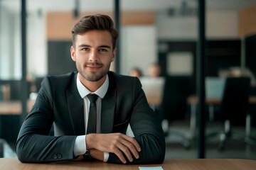 Fototapeta premium Portrait of serious, confident young man, businessman,executive director,boss, sitting at an office desk in business dark suit and looking at camera with his hands folded,concept of business materials