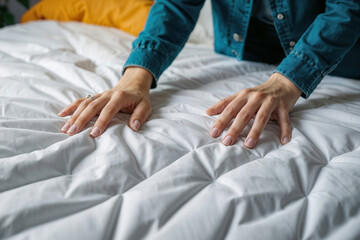 Obraz na płótnie Canvas Women's hands on a white mattress on the bed.