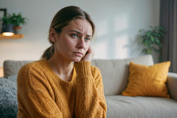 A woman in a living room with her arms crossed and a frown on her face. Concept of sexual harassment against women. Domestic violence rape - obrazy, fototapety, plakaty