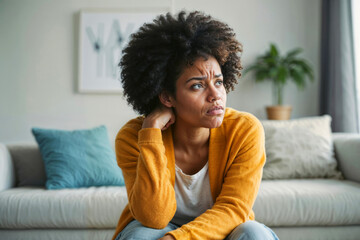 Afro woman in a yellow sweater sits on a couch with her arms crossed. Woman depression or domestic violence. People, grief and domestic violence concept - obrazy, fototapety, plakaty