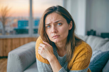 A woman in a living room with her arms crossed and a frown on her face. Concept of sexual harassment against women. Domestic violence rape - obrazy, fototapety, plakaty