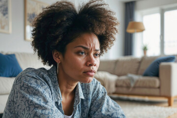 Obraz premium Sad Afro woman sits on a couch. Woman depression or domestic violence. People, grief and domestic violence concept