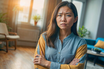 Asian woman very sad at home. Concept of loneliness and pain loss of love. Woman depression or domestic violence. People, grief and domestic violence concept - obrazy, fototapety, plakaty