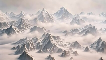 Thick silver filigree contours of various Himalayan mountain ranges come alive as the fog recedes, delicate stylized patchwork. Generative AI