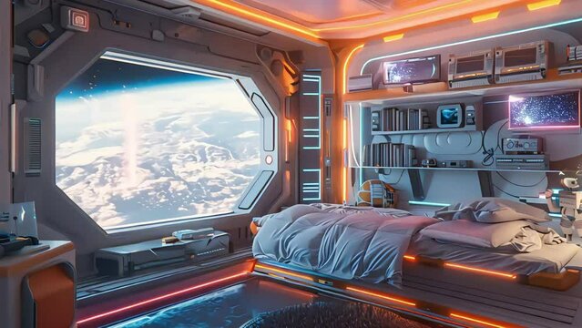 a futuristic teenager's room on an orbital station. a breathtaking view of Earth. Generative AI