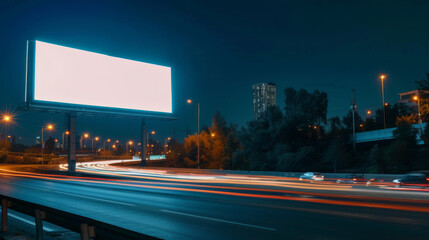 White Blank Illuminated Billboard on Busy Road at Night, Generative AI