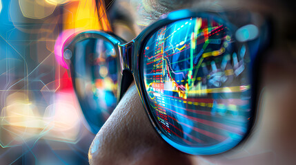 Cryptocurrency trading, stock market trading graphs reflected in a person's glasses design concept, copy space 