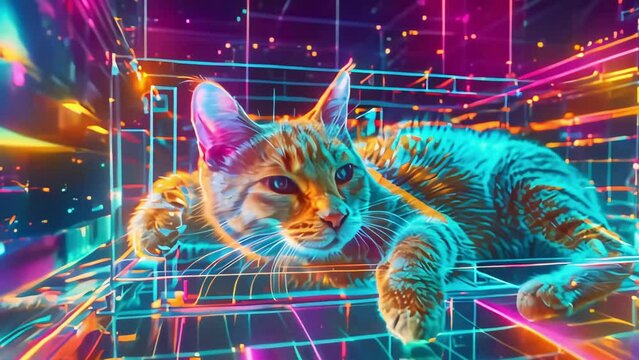 Schrodinger's cat in a box, glowing mathematical formulas, super detailed digital graphics. Generative AI