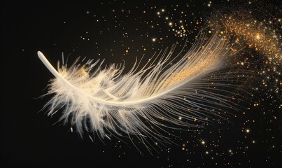 A single white feather gracefully glides through the air, carried by invisible currents