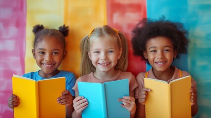 Children with colorful books against vivid backdrop - obrazy, fototapety, plakaty