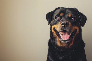 Obraz premium A Rottweiler with an endearing smile, positioned centrally against a neutral backdrop, allowing for text placement on the right side.