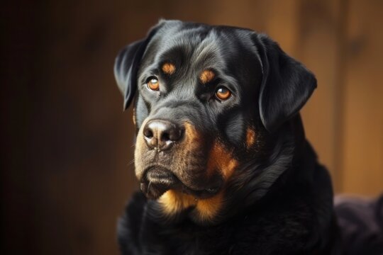 A Rottweiler with an affectionate expression, captured in a candid moment, with space for text along the bottom edge of the image.