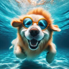 View of funny and cute dog swimming underwater
