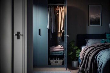 Dimly lit cozy bedroom ambiance with an open wardrobe revealing neatly organized clothes - obrazy, fototapety, plakaty