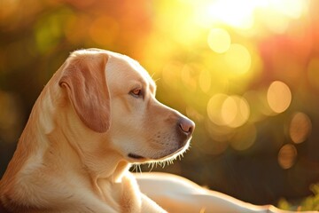 A serene Labrador retriever lounges in the sun, its expression content and peaceful,