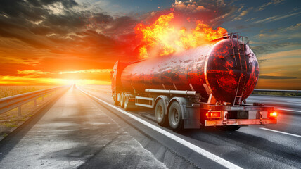 Fire of a tanker truck with toxic materials on the highway. Fire and environmental disaster.generative ai