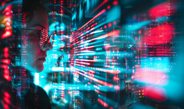 Cyberpunk style image girl looking at data stream reflected in her glasses - Generative AI