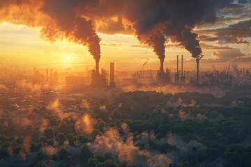 Sunrise Over Industrial Cityscape with Smokestack Pollution - obrazy, fototapety, plakaty