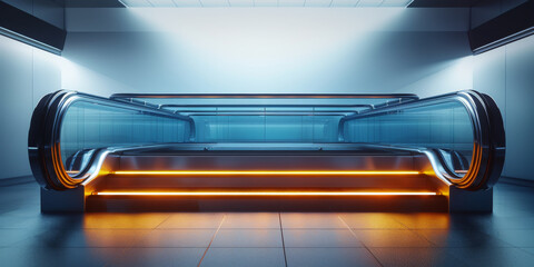 Airport concept. Futuristic escalator vision with lights.