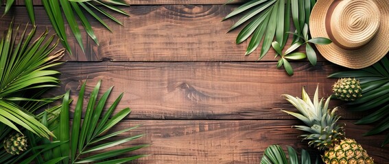 The background is made of wood, with an empty space in the middle. It features palm leaves and pineapples. AI generated illustration