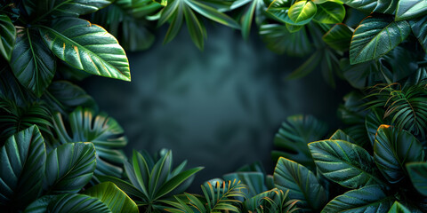 Tropical green leaves and palms with modern glass frame. Cosmetics and moisture beauty natural product present placement pedestal promotion display, jungle or summer concept. - obrazy, fototapety, plakaty