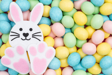 Easter egg candy with bunny rabbit background