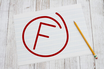  Getting a failing grade F on ruled lined paper with pencil for school