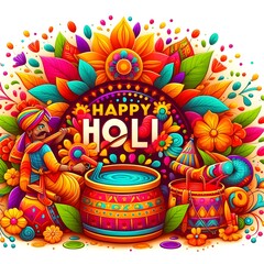 Happy Holi festival of India background with colorful hindu symbols and flowers