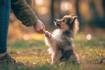 A Sheltie puppy eagerly learning new tricks from its patient owner, its eager enthusiasm and quick wit making training sessions a delightful experience - obrazy, fototapety, plakaty