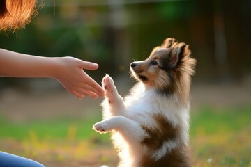 A Sheltie puppy eagerly learning new tricks from its patient owner, its eager enthusiasm and quick wit making training sessions a delightful experience