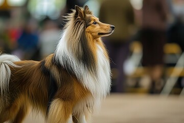 A Sheltie showcasing its striking coat during a conformation show, standing tall and proud as it competes for top honors in the ring,