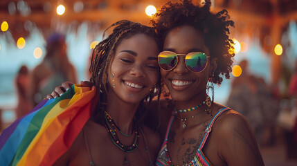Two young black african American women lgbt couple hugging smiling holding lgbt rainbow big flag draped over shoulders at sunset beach party at summer, AI