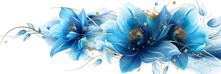 blue petals, blossom flower flowers swirls gold painted lines, isolated on white background.	
 - obrazy, fototapety, plakaty