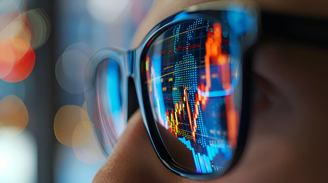 Cryptocurrency trading, stock market trading graphs reflected in a person's glasses design concept, copy space 