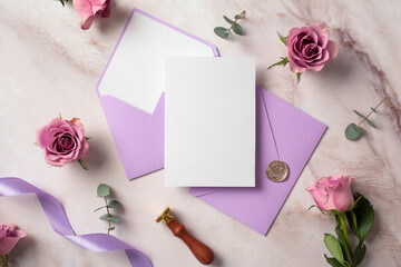 Elegant wedding invitation card mockup, purple ribbon, roses, wax stamp on marble background. Flat lay, top view, copy space.