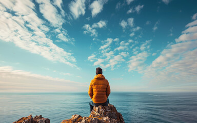 Man in yellow jacket sits on rock overlooking ocean. Sky is clear and blue, and clouds are scattered throughout sky