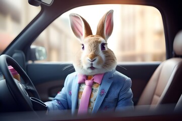 Playful Bunny in Car Sharing Colored Easter Egg Magic - obrazy, fototapety, plakaty