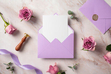 Violet envelope with blank paper card, purple ribbon, wax seal stamp, roses buds on marble table. Flat lay, top view, copy space