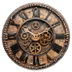 Vintage steampunk clock with exposed gears and Roman numerals	